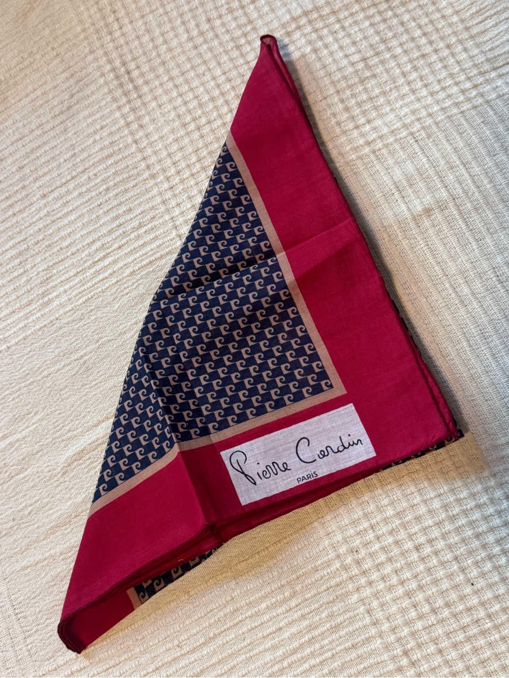 Pierre Cardin Cotton Scarf - Burgundy/ Navy Logo Print 22” Square Vintage 80s